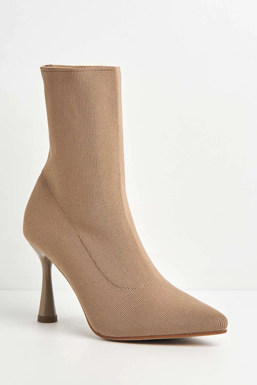 Runa Pointed Toe Heeled Sock Boots in Taupe