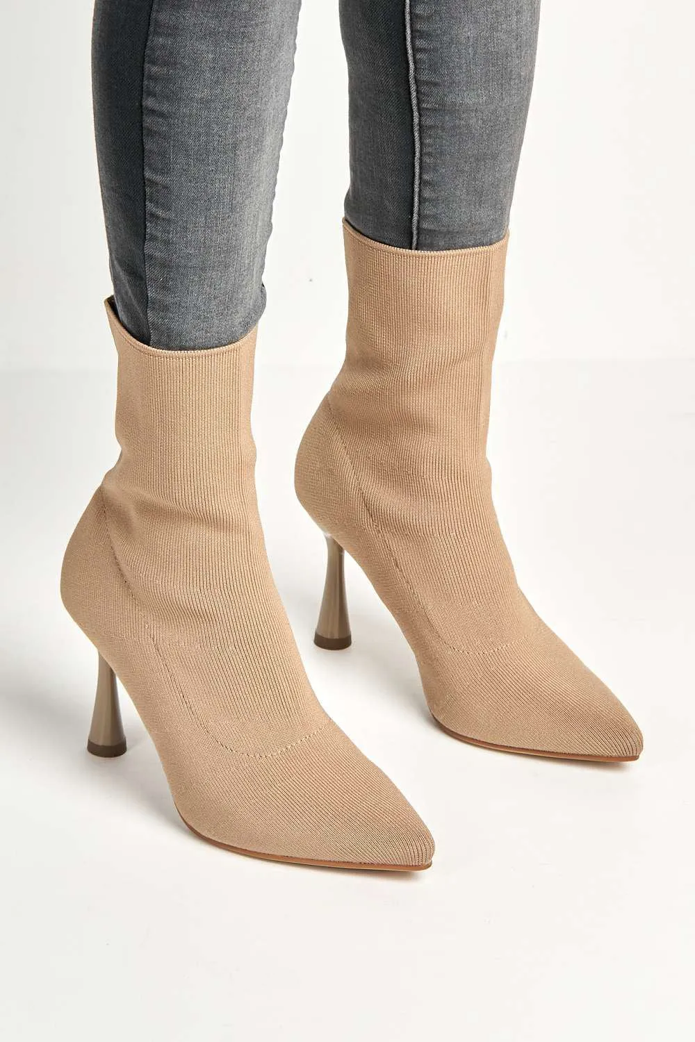 Runa Pointed Toe Heeled Sock Boots in Taupe