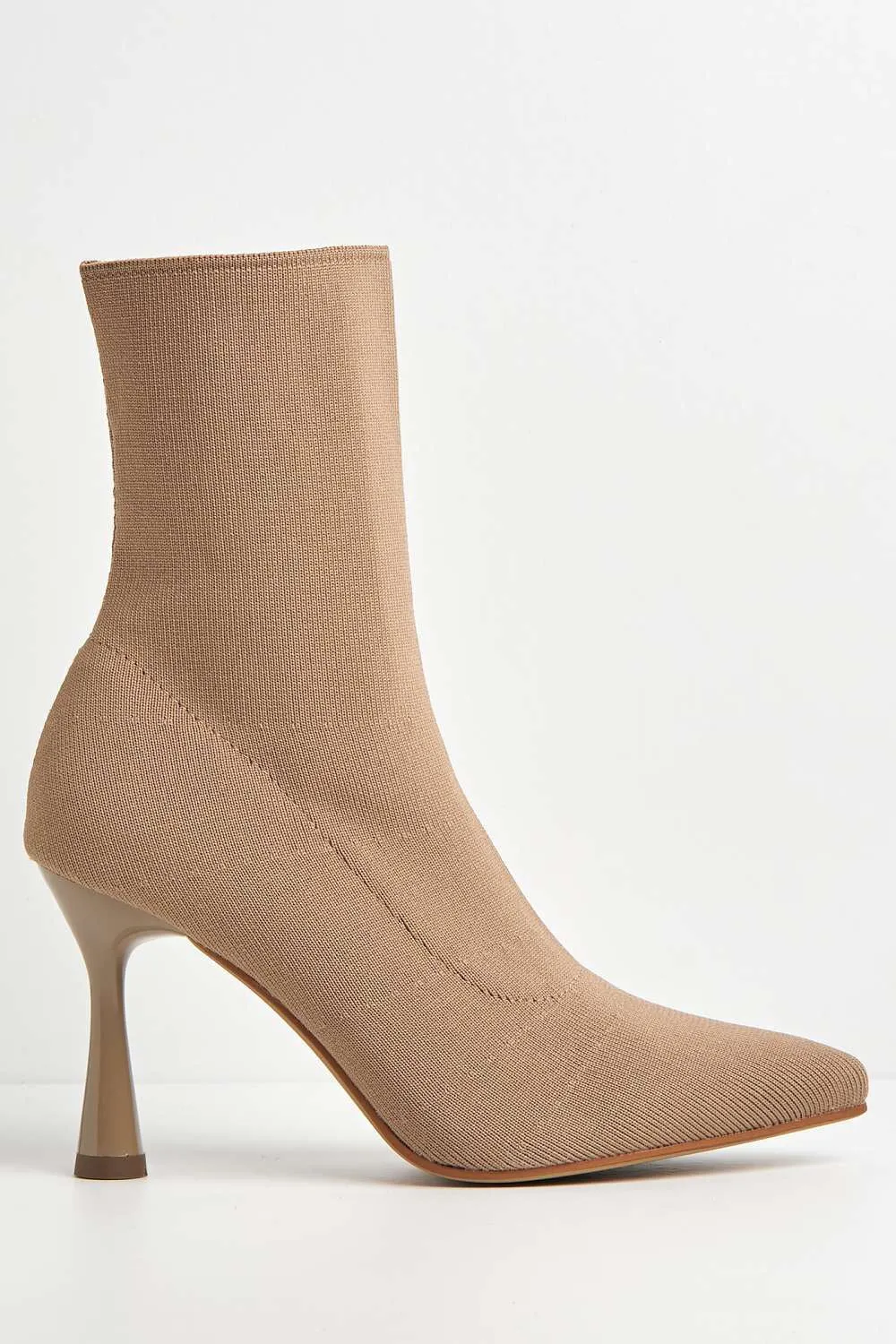 Runa Pointed Toe Heeled Sock Boots in Taupe