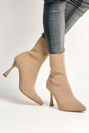 Runa Pointed Toe Heeled Sock Boots in Taupe