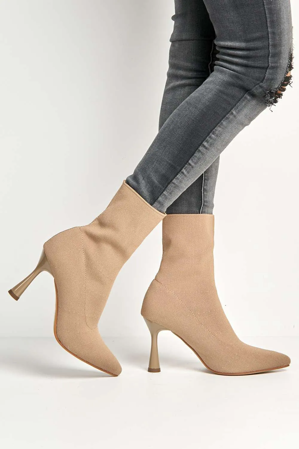 Runa Pointed Toe Heeled Sock Boots in Taupe